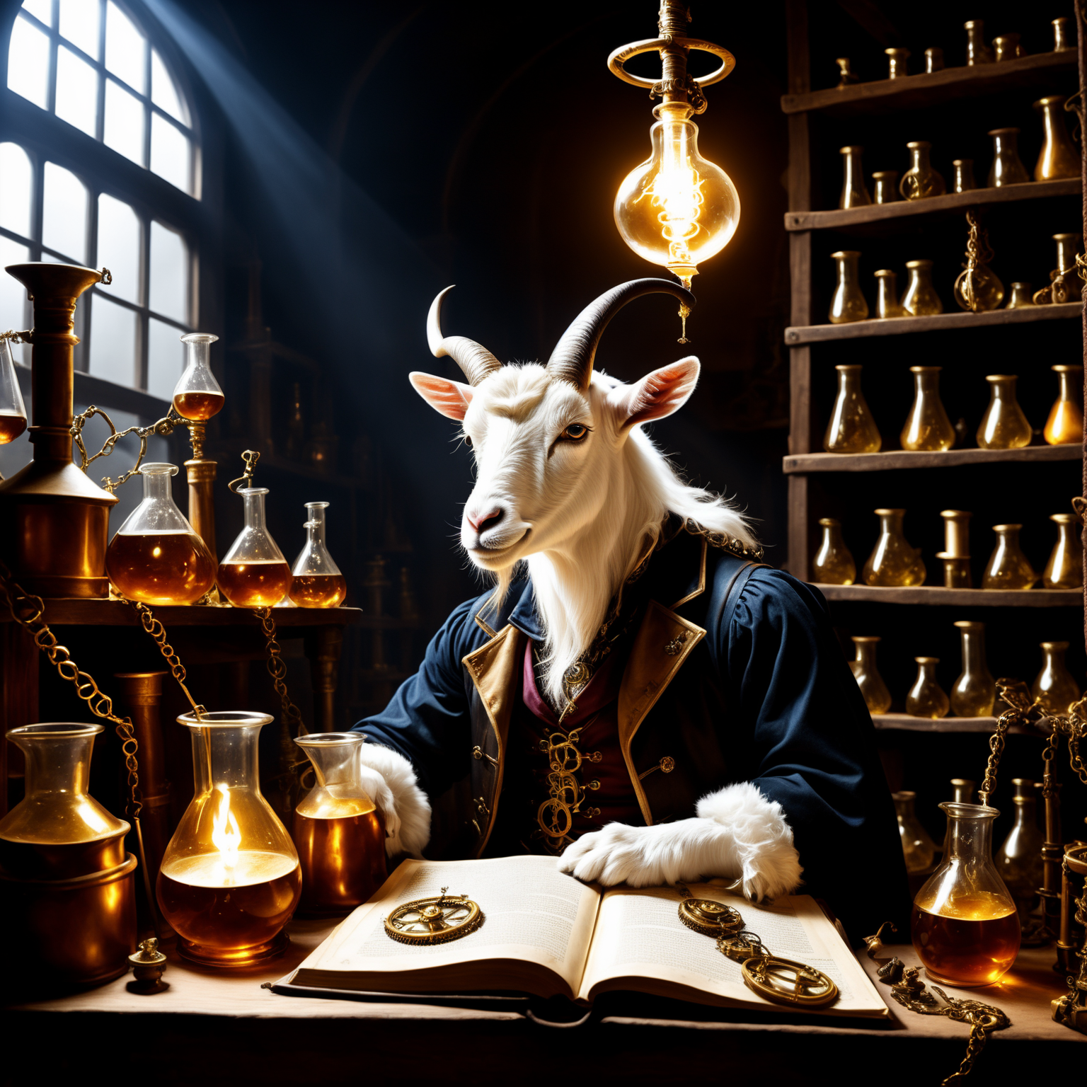 28. An eccentric steampunk alchemist goat tinkering with bubbling beakers and Jacob's ladders amidst piles of arcane tomes...